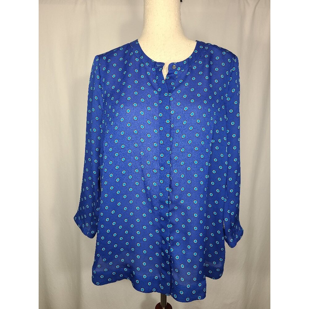 Liz Claiborne Womens Long Sleeves Top Blouse Blue Polka Dots Size M A115
